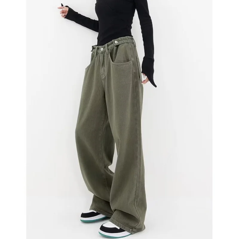 

2024 NEW Green Jeans for Women High Quality High Waist American Wide Leg Pants Solid Y2K Vintage Straight Spring Trousers