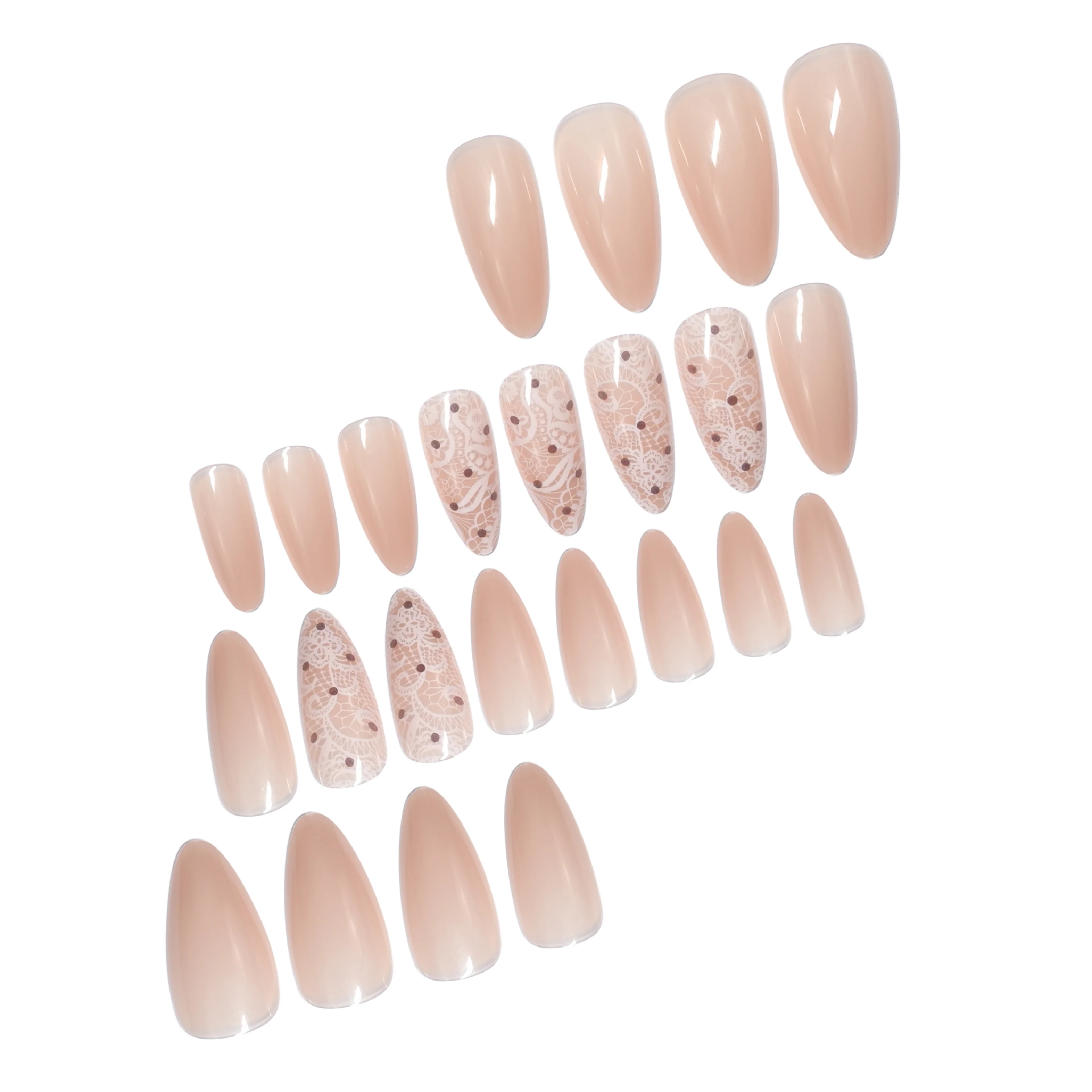 24Pcs Medium Almond Nude Lace Polka Dot Press On Nails. Upgrade your manicure with delicate detachable false nails. Ideal gift