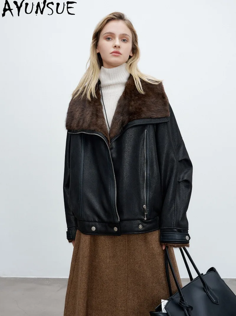 AYUNSUE White Goose Down Coat Genuine Nutria Fur Collar Womens Winter Clothing Suede Shell Short Length Ladies Clothes Fashion