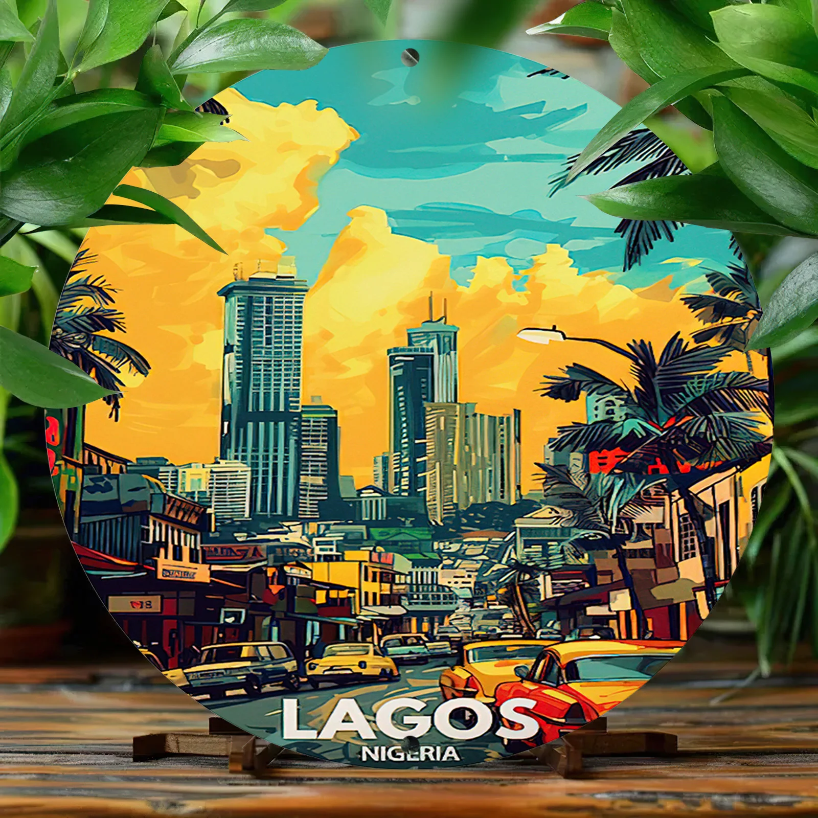 Lagos Nigeria Tropical Palm Urban Street View Round Metal Sign 8Inch/20cm 2D Flat Global Travel Home Wall Decor Gift