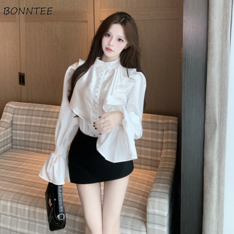 

Shirts Women Ruffles Design Chic All-match Flare Sleeve Loose Fit Solid Ins Korean Fashion Autumn Single Breasted Popular Classy