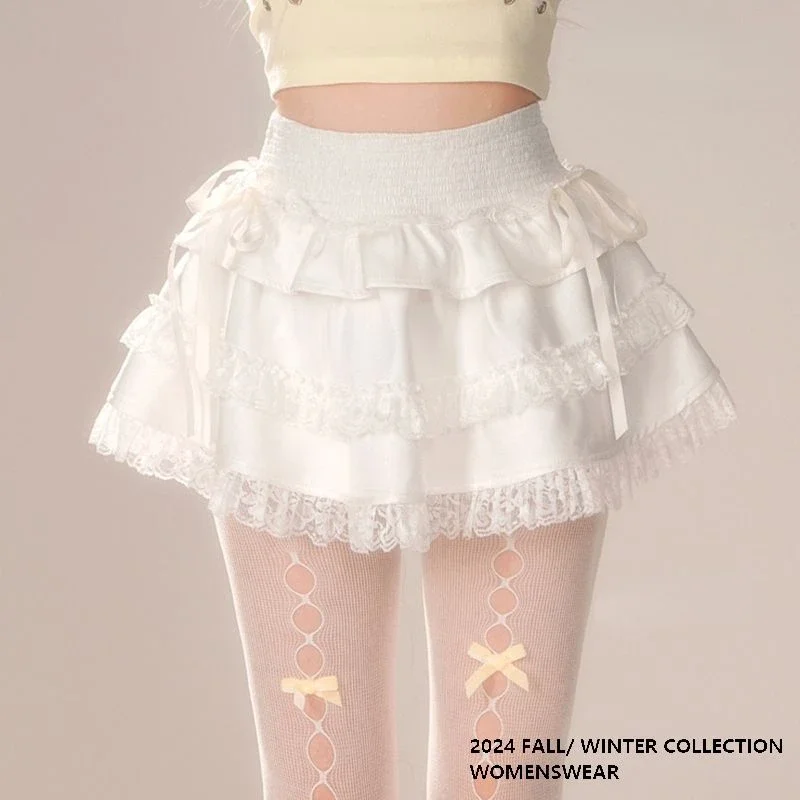 DEEPTOWN Coquette Y2k Lace Skirt Women Kawaii Summer White High Waist Layered Ruffles Patchwork Cute Sexy Mini Skirt Soft Girl