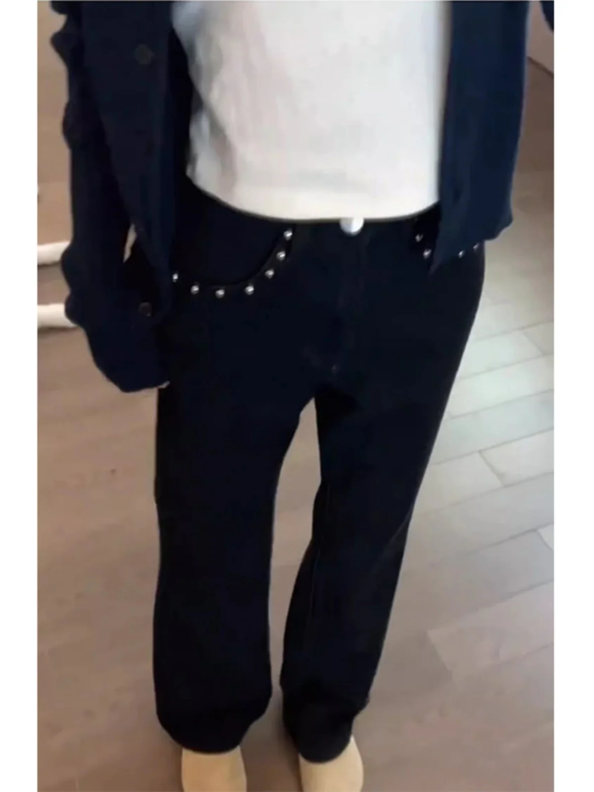 High Waist Bell Bot Jeans mit geradem Bein für Damen in Übergröße, American Sle Rivet Embellied, schlankmachende Hose mit weitem Bein