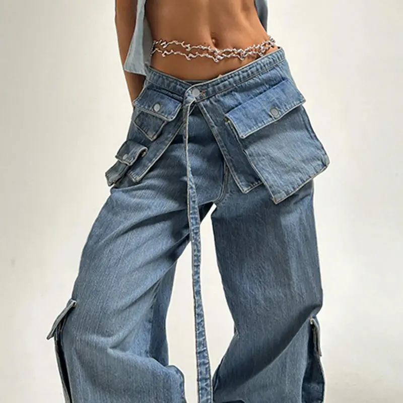 Calça denim cargo com bolsos múltiplos, patchwork irregular, cintura alta, jeans strecth médio, streetwear reto, moda de rua alta, 2024