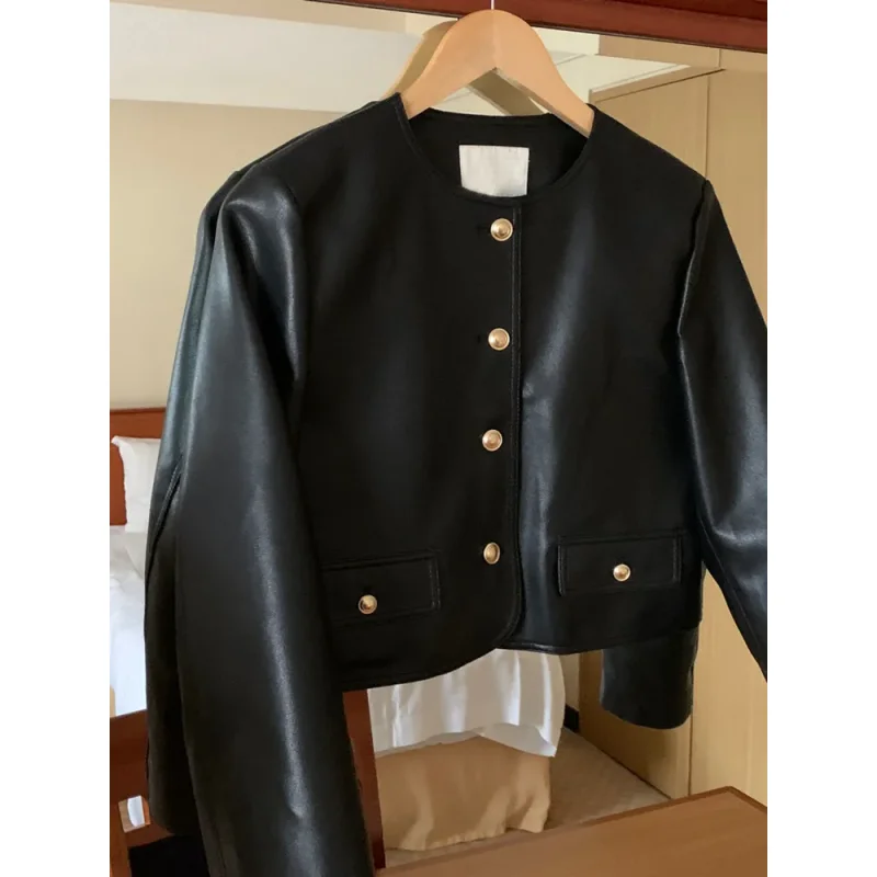 

Korean style Black Jackets Women New Fashion Vintage Single Breasted Leather Jacket Women Streetwear O Neck Short Jackets