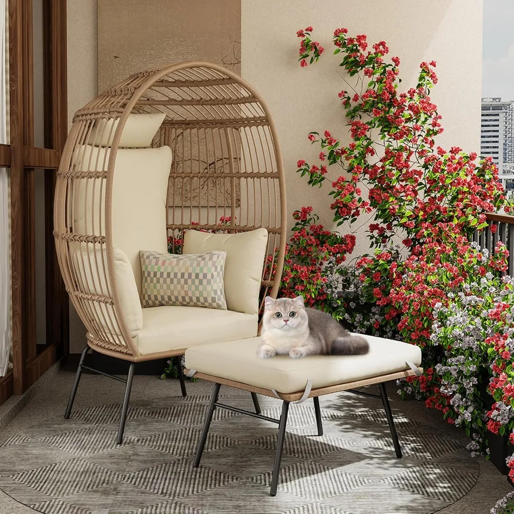 

Outdoor Wicker Egg Chair with Ottoman, Oversized Rattan Patio Lounge Chairs with Thick Cushion, Egg-Shape Basket Lounge Chair wi