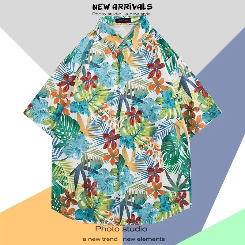 

EBAIHUI Seaside Vacation Flower Shirt Summer Hawaii Men's Short Sleeved Blouse Vintage Oversized Beach Blusas Tops