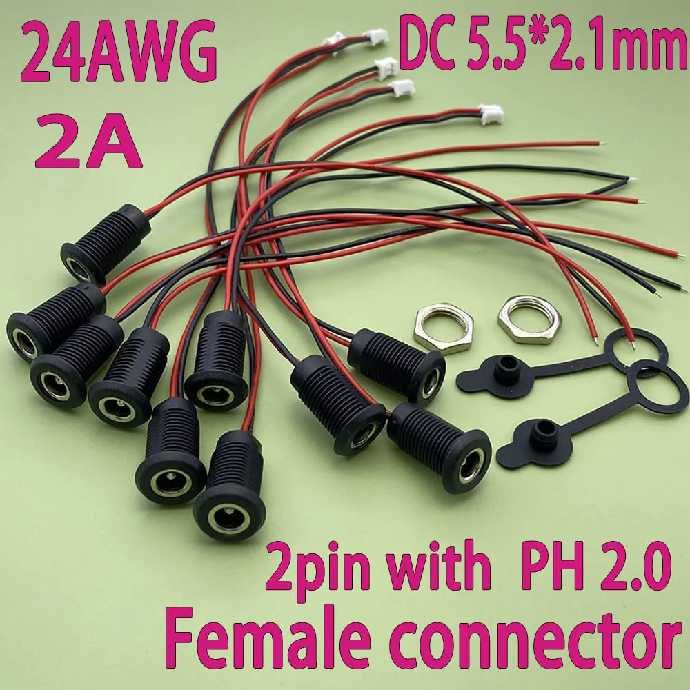 

2A DC Power Supply Threaded Charging Socket 5.5x2.1mm to ph2.0 Female Jack Panel Mount Connector With nut Wire Waterproof Cap