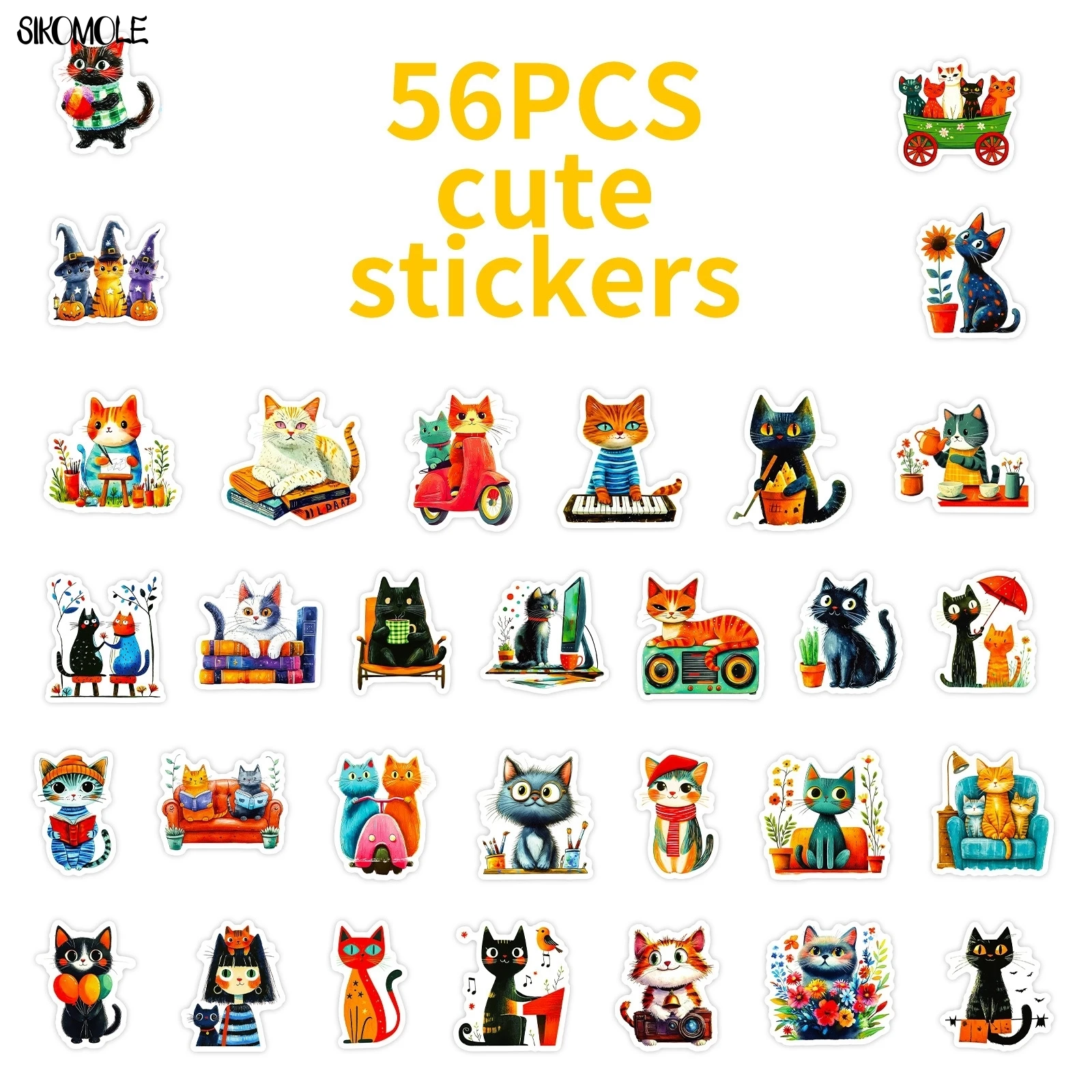 10/56 قطعة الكرتون الفني القط الكتابة على الجدران ملصقات الجمالية الحيوان DIY بها بنفسك سجل القصاصات المحمول القرطاسية حقيبة ملصق لاصق لامع ورائع لعبة أطفال