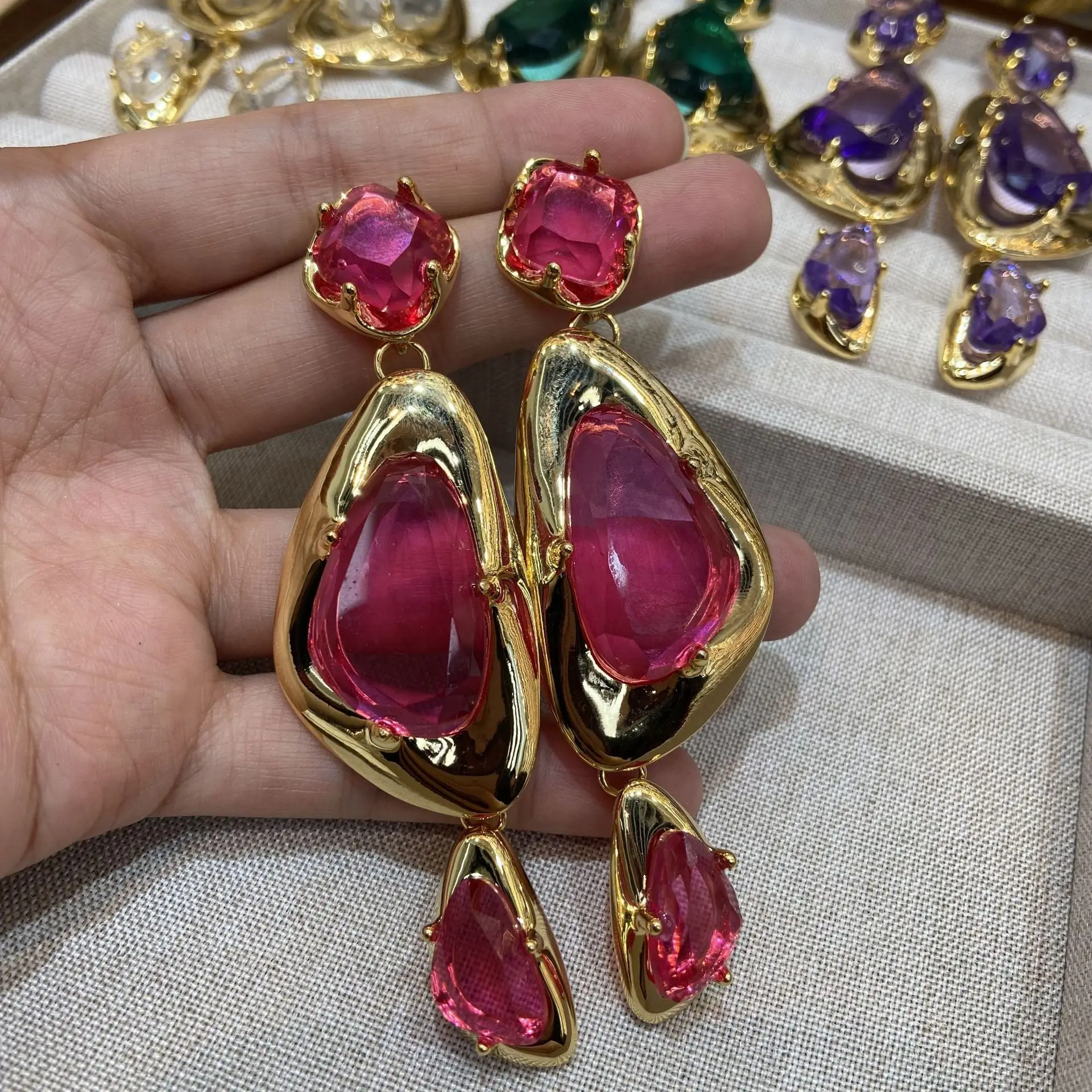 Vintage Fashion Earrings Long Pendant Triangle Irregular Gold Color Green Fushia Purple Large Crystal Jewelry Women Party