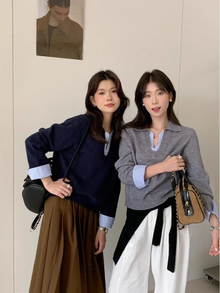 

Korean Sle V-Ne Knitted Sweater Women's Outerwear Winter Faion Striped Design Warm Versatile Fake Two-Piece Set