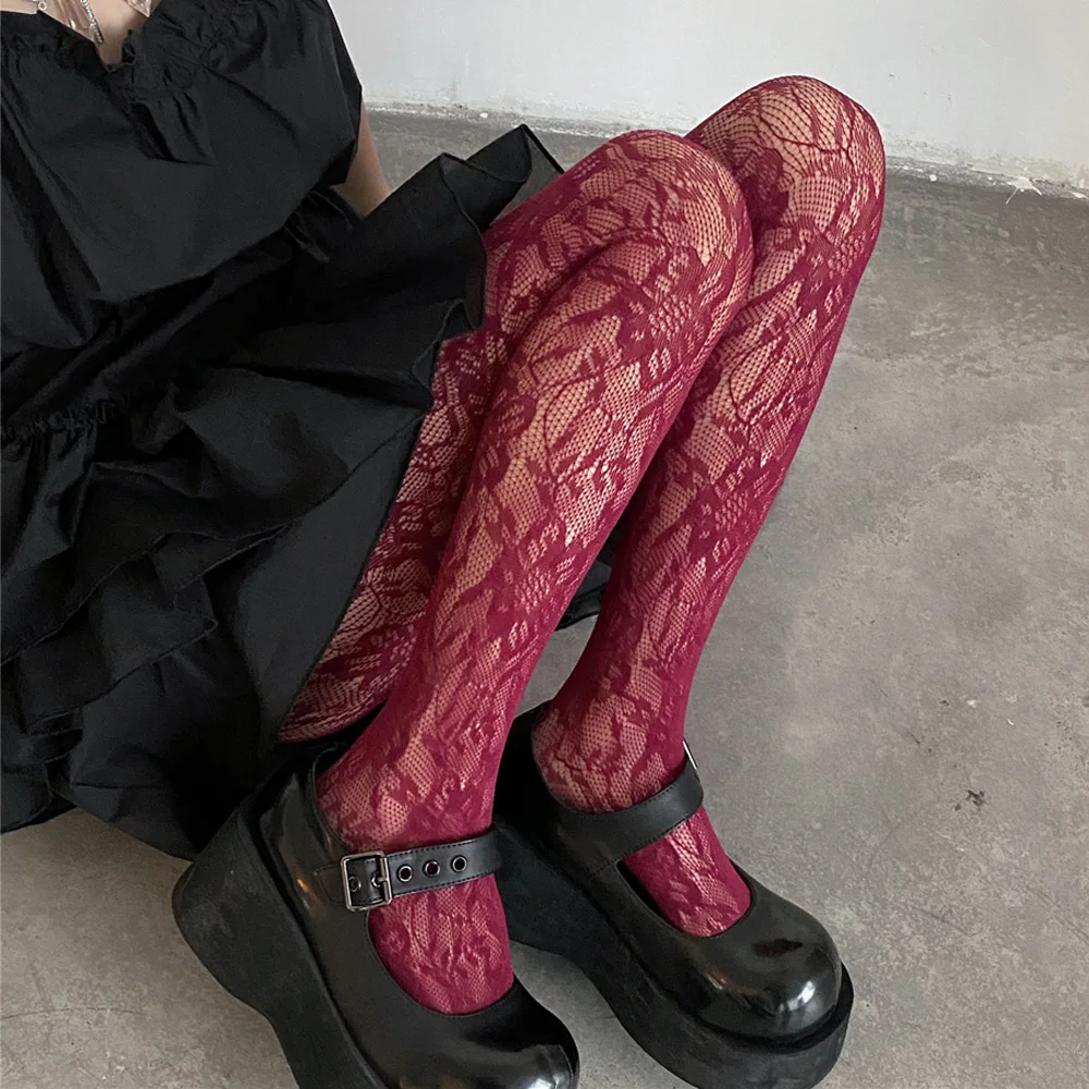 Damen Sexy Retro Blumenmuster Spitzen-Strümpfe Netz-Strümpfe mit Lochmuster Seidenstrümpfe Fischernetz-Spitze Atmungsaktive Strumpfhosen – Detail 11