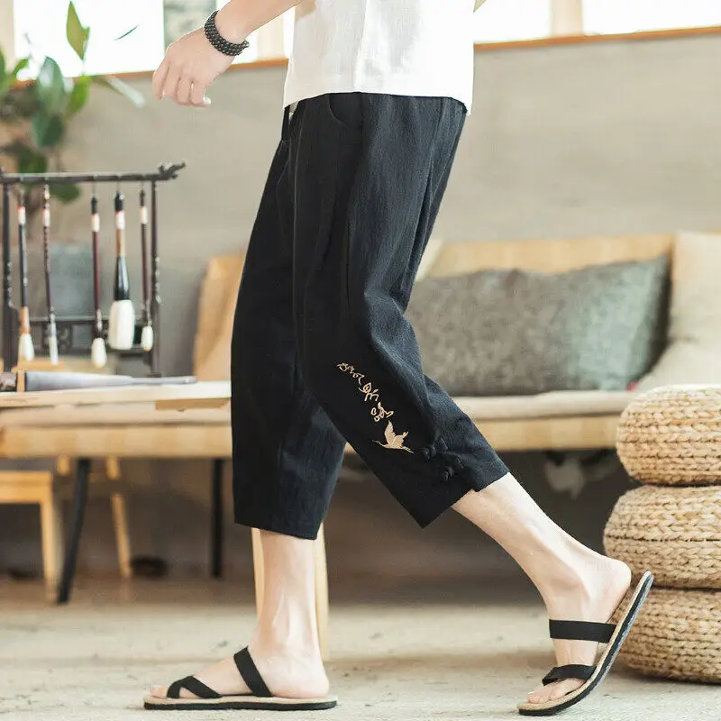 New Spring and Summer Chinese Style Casual Cotton Linen Embroidered Pants Harlan Bloomers Vintage Straigh Calf-length Pants Men