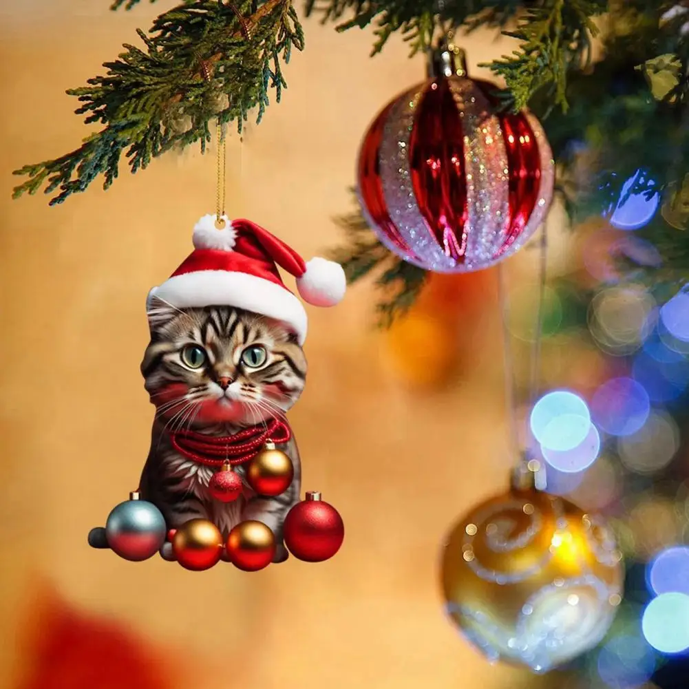 Playful Kitty Decoration Cute Christmas Cat Ornaments Acrylic Cats with Santa Hat Christmas Ball 2d Flat Kitty Hanging for Cat