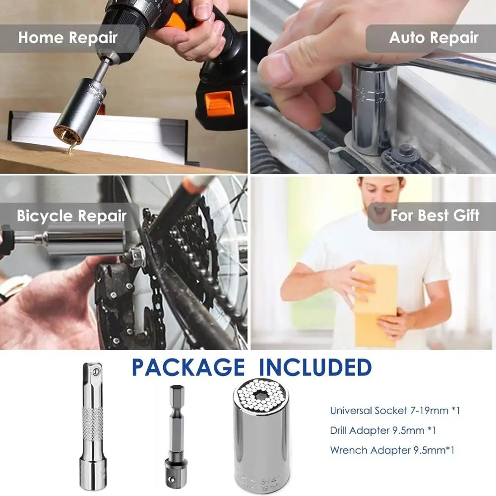 Binoax-Herramientas de enchufe universales, Kit de reparación de llave multifunción con taladro eléctrico y adaptador de Llave de trinquete, 3 uds.