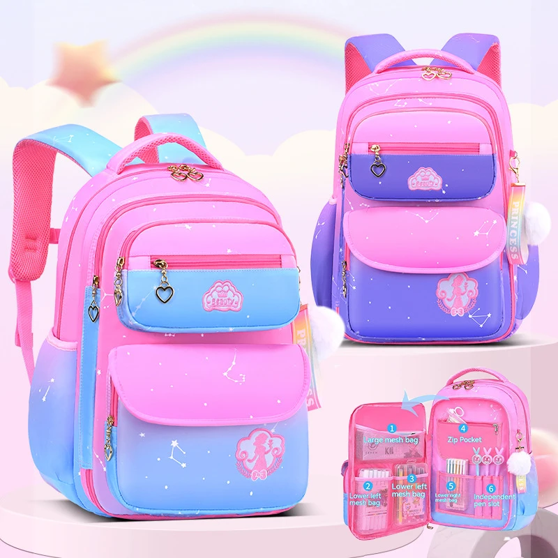 SKAEFIO Bolsas de Escola Primária para Meninas, Mochila Ortopédica Infantil, Mochila de Grande Capacidade, Cor Gradiente, Gradiente, Graus 1-3-6