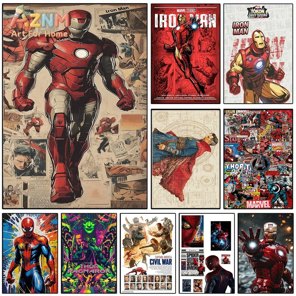 AZNM Impresión en Lienzo de Collage de Periódico Vintage de Iron Man, Arte Gráfico Pop Estilo Retro de Cómic Clásico de Superhéroe