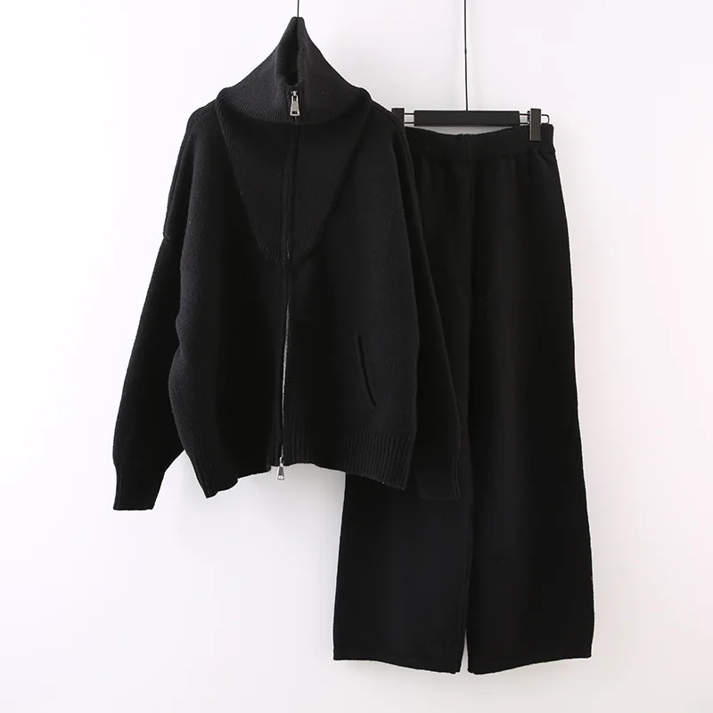 Women Two Pieces Knitted Pant Sets Solid Sweater Set Zipper Turn Down Collar Cardigan Wide Leg Pant Loose Casual 2025 Autumn