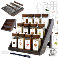 2 in 1 Acacia Wood Spice Rack (FCM®) - 120ml Square Spice Jars with Wooden Lids, 120 Labels, Vertical and Drawer Spice Boxes
