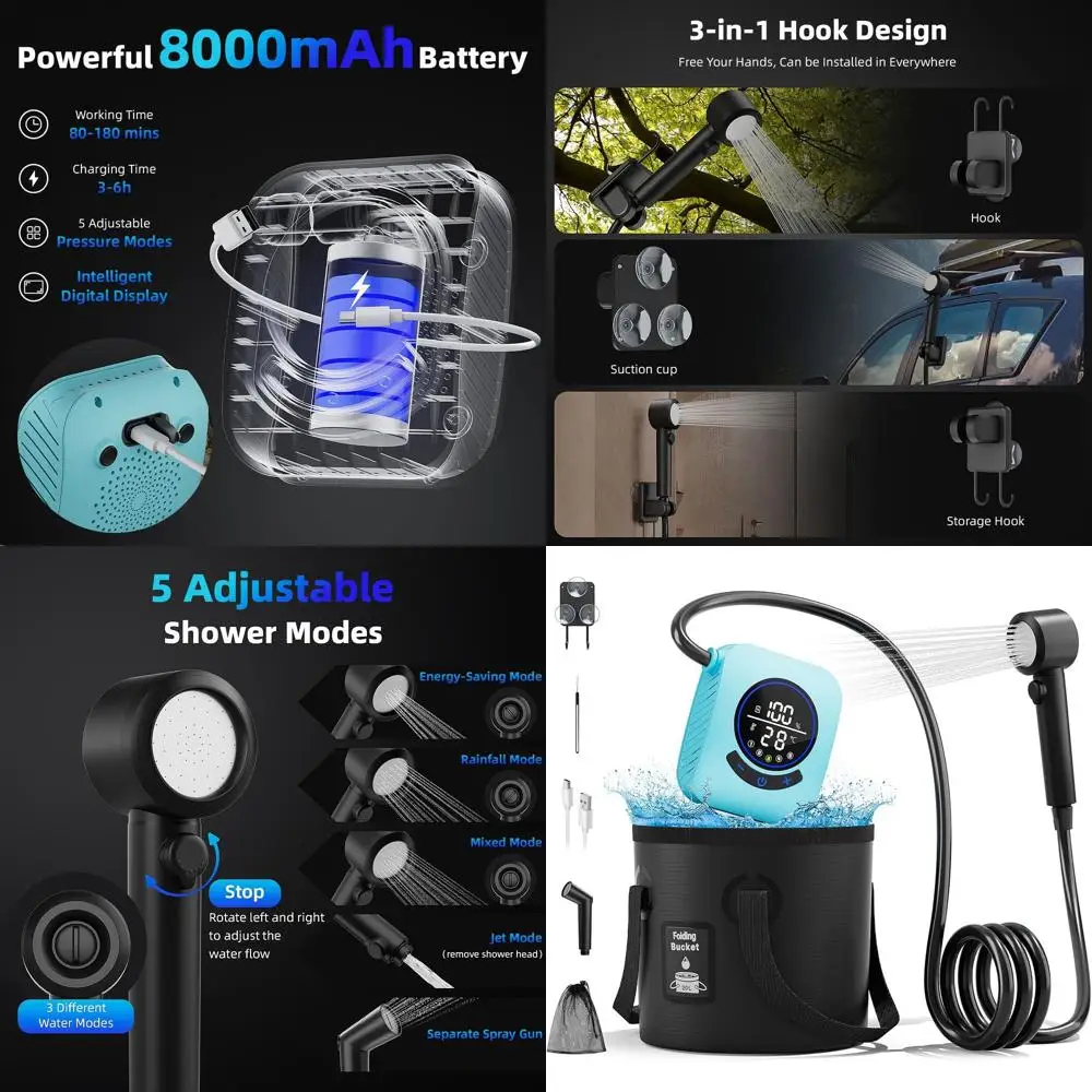 

Portable 8000mAh Rechargeable Electric Shower Pump with 5 Gallon Bucket for Outdoor Camping, LED Display Shower
