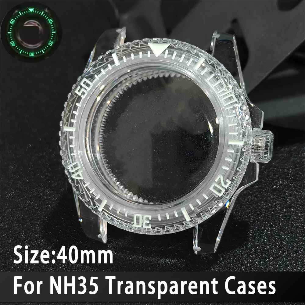 

For NH35 Case Transparent 40mm Case 20mm Watch Bands Set Green Luminous SUB Acrylic Plastic Case Clear Watch Case Accessories