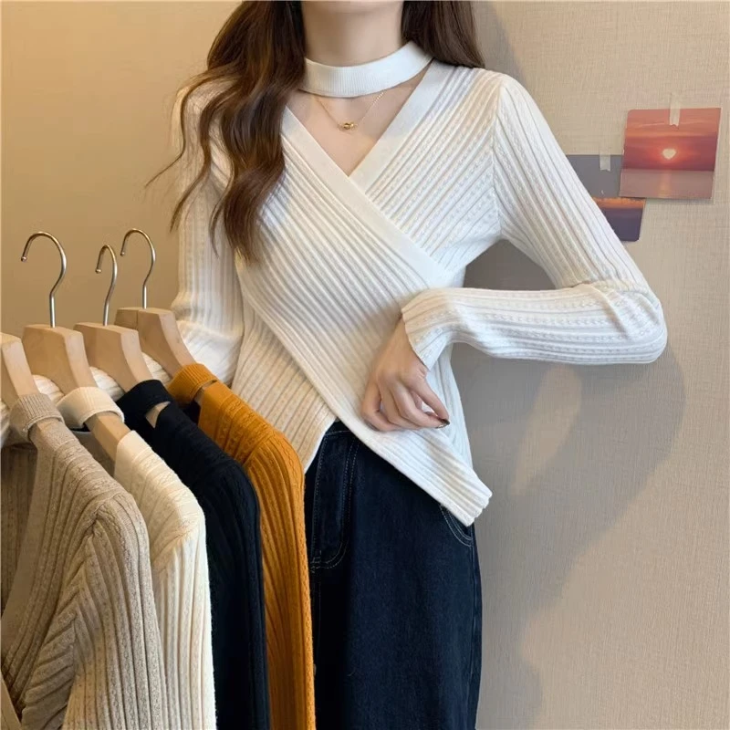 Khaki Asymmetric Knitted Bottoming Tops Woman 2024 Spring Long Sleeve Sexy Hallow Out Halter Sweater Shirt Clothes