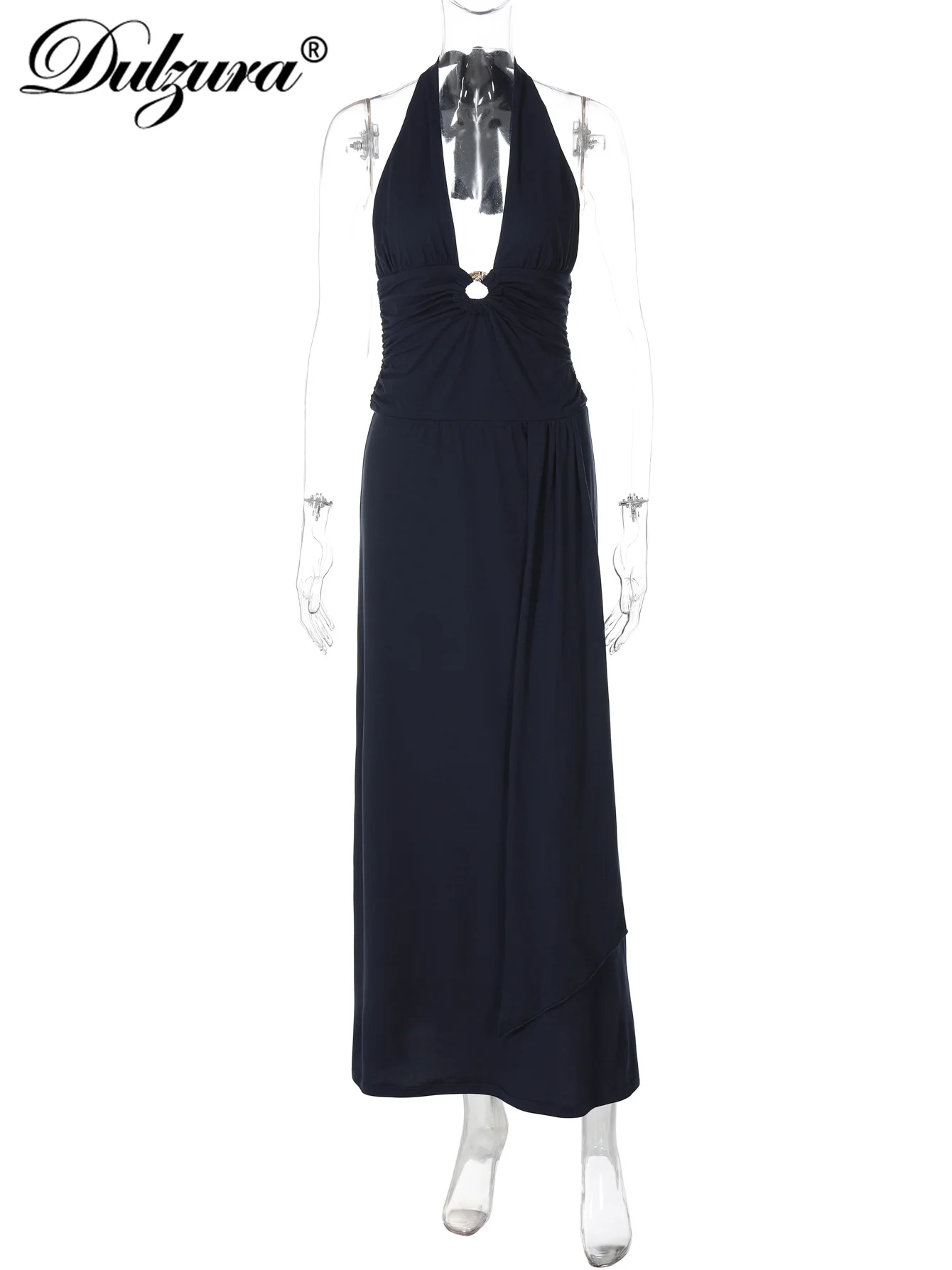 Dulzura Zomer Mode Sexy Halter Mouwloos Backless Slim Lace Up Ruches Lange Jurk Dames Solid Elegant Party Club Kleding