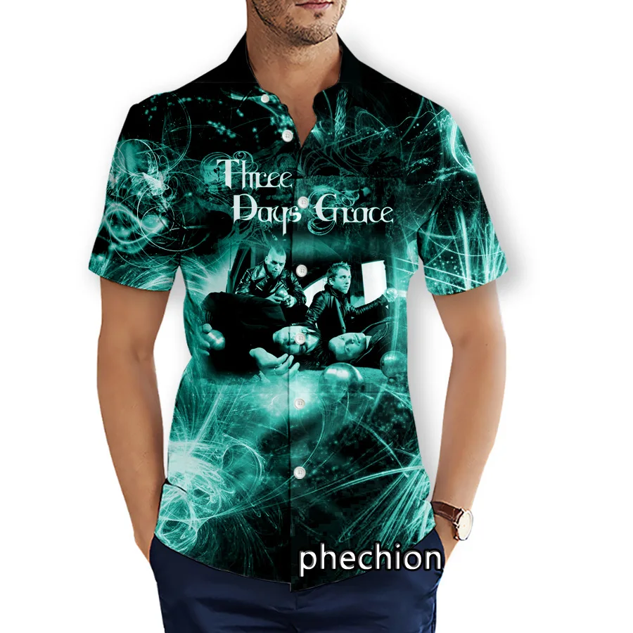 phechion Mens Short Sleeve Beach Shirts Three Days Grace Band 3D Print Casual Shirts Fashion Streetwear Men Tops X221