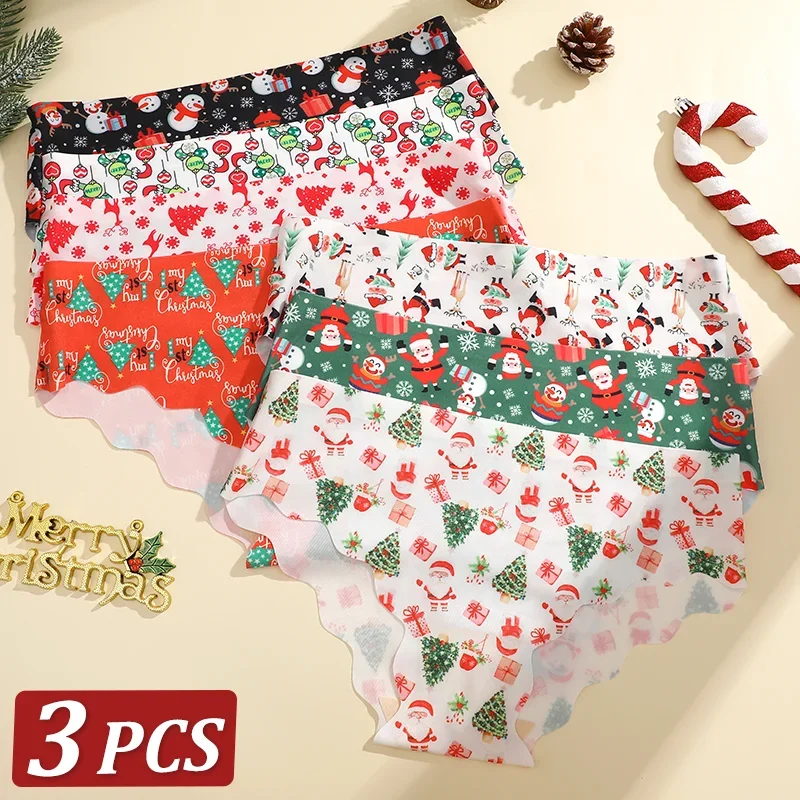 3Pcs Christmas Print Underwear Breathable Briefs Women Skin-friendly Fashionable Casual Christmas Gifts XS-XL