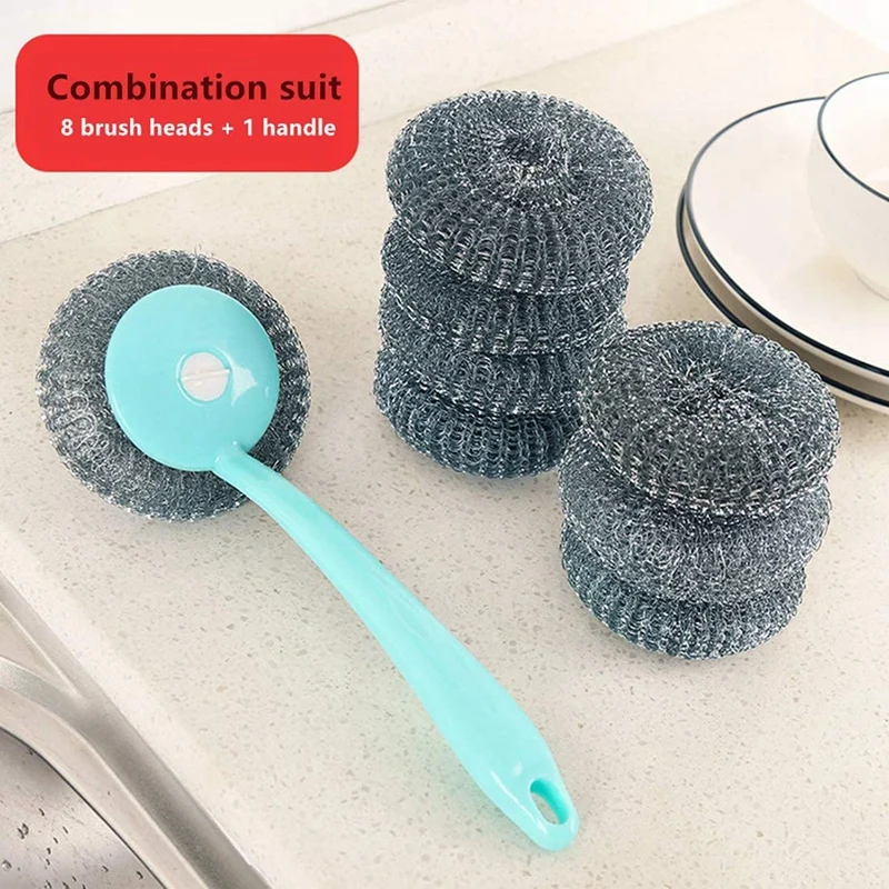 Stainless Steel Sponges Scourer Set With Handle Pack Of 8,For Cookware,Pot Brush,Stovetops,Removing Tough Dirt