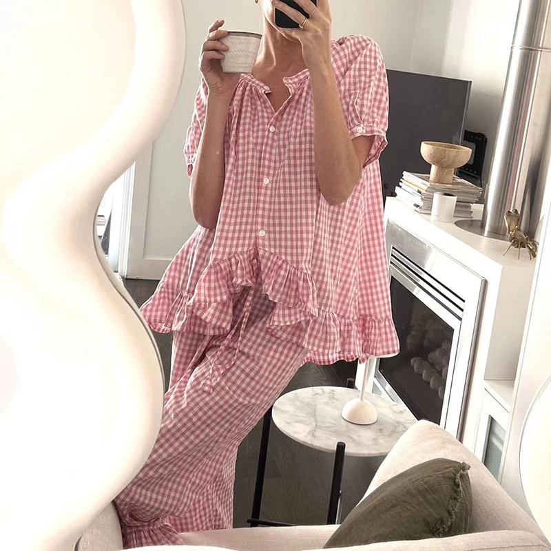 Spring Plaid Print Homewear Women Set Sexy Low Collar Button Ruffle Shirt Top Long Pants Outfit Summer Short Sleeve Leisure Suit