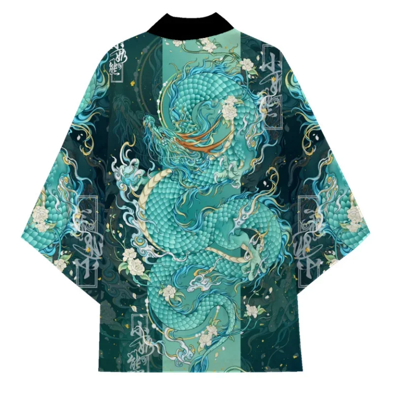 Japanese Samurai Haori Cardigan Anime Dragon Print Green Loose 3/4 Sleeve Kimono Coat for Men Women Harajuku Streetwear Traditio