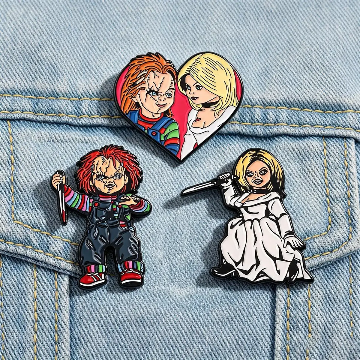3Pcs/Set Horror Movie Chucky Tiffany Enamel Brooch Backpack Lapel Metal Badge Cosplay Costume Jewelry Accessories Halloween Gift