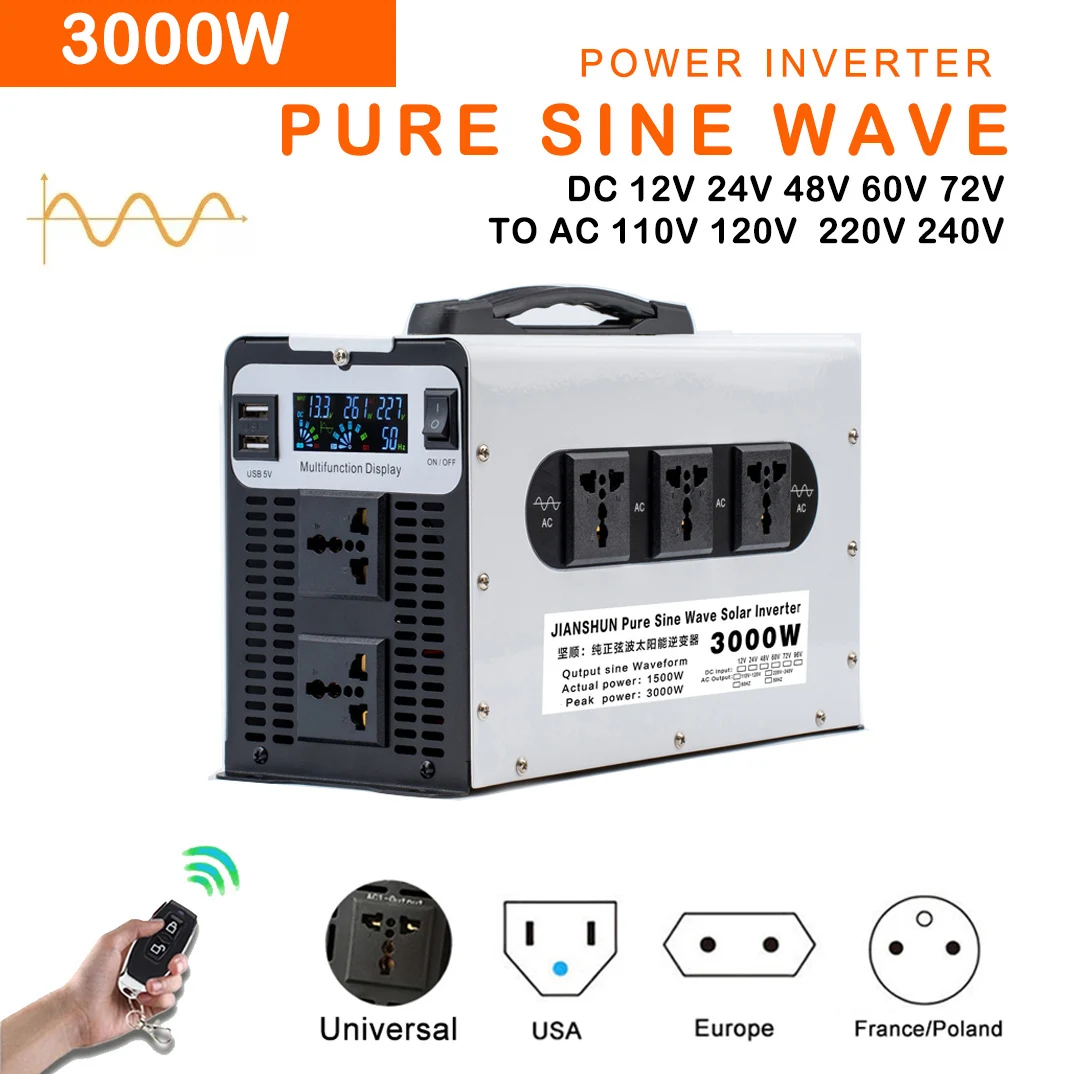 

3000W Pure Sine Wave Inverter Power Converter Solar Car Inverters, Off Grid Transformer 12V,24V,48V,60V,72V to AC 110V 220V