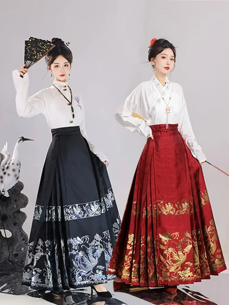 Hanfu الحصان وجه تنورة للنساء ، الأصلي الصينية مينغ سلالة المرأة فستان تقليدي ، مطرزة يوميا الذهب الموضوع