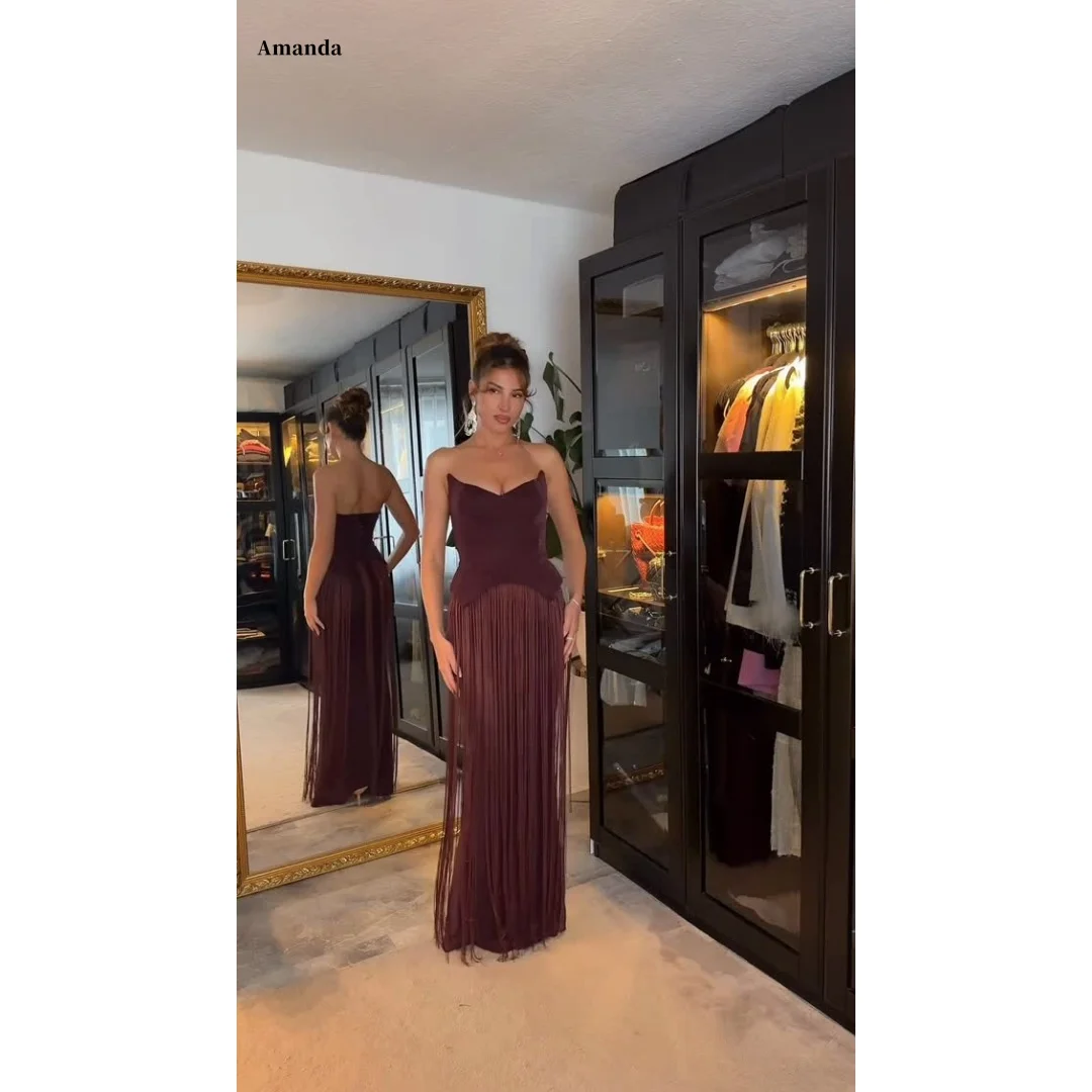 

Платье для выпускного вечера Amanda бордового цвета без бретелек с бахромой длиной до пола, вечернее платье Amanda по индивидуальному заказу, Vestidos de noche