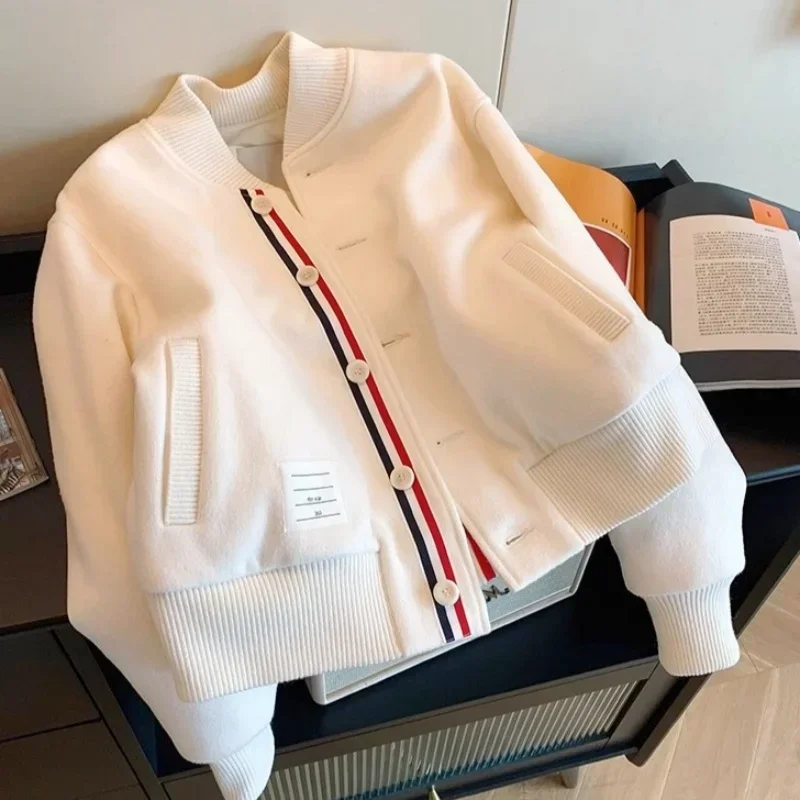 

Preppy Style Fashion Knitted Woolen Coat Women Casual Three-Colour Webbing Baseball Uniform Elegant Loose White Cardigan Jacket