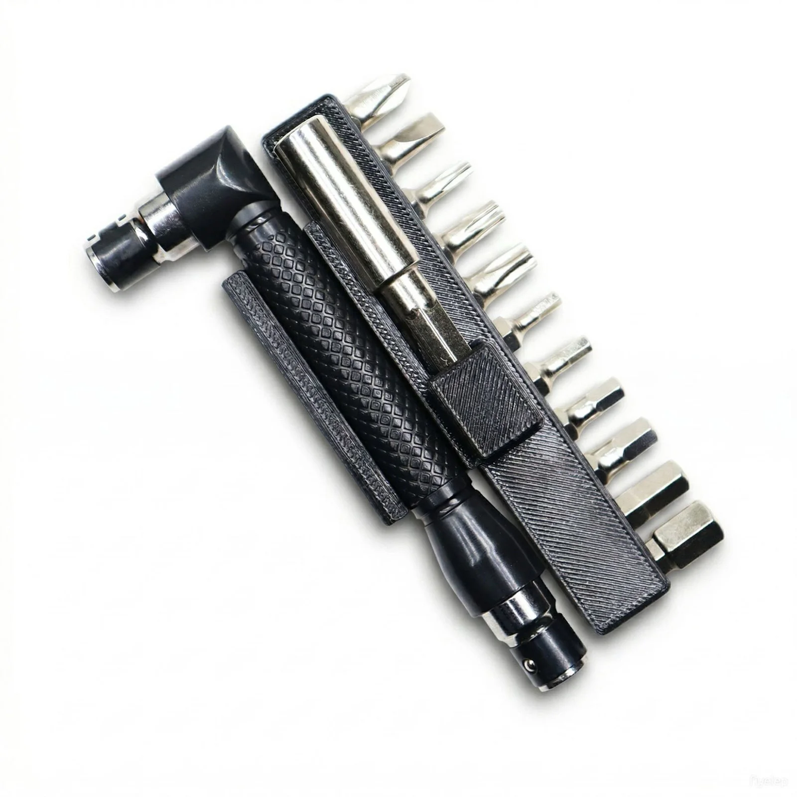 L shaped screwdriver handle with 6.35mm hex interface and extension bar for use with interchangeable bits in restricted areas