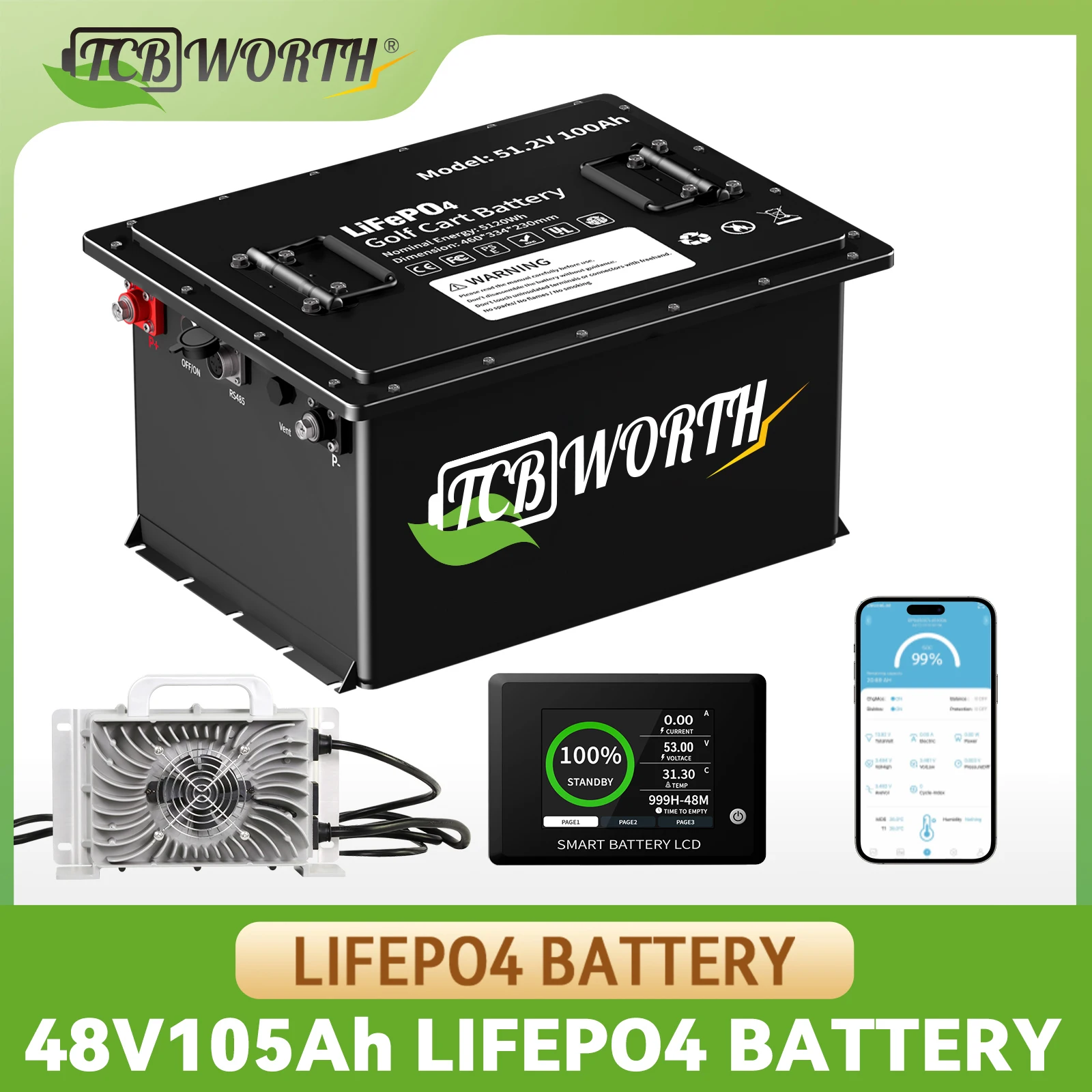 

TCBWORTH 48V 105Ah Golf Cart Lithium Battery,Built-in BMS,Touch Monitor,20A Charger,APP Supported,MAX 10.24 kW,for Golf Carts
