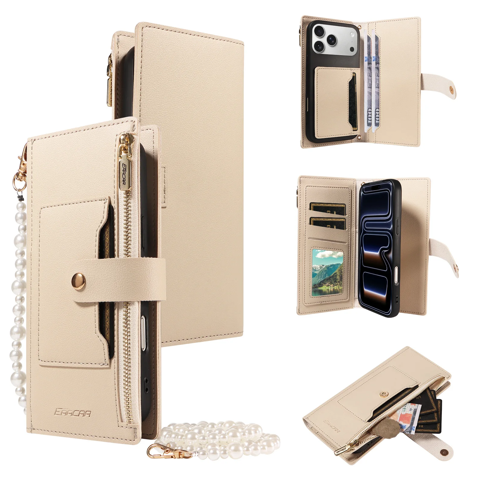 Leder-Handyhülle für iPhone 17e /17 Pro Max /16 15 14 13 12 11 mit Magnetverschluss, Mehrfach-Kartenfächern, Geldbörse und Ständer