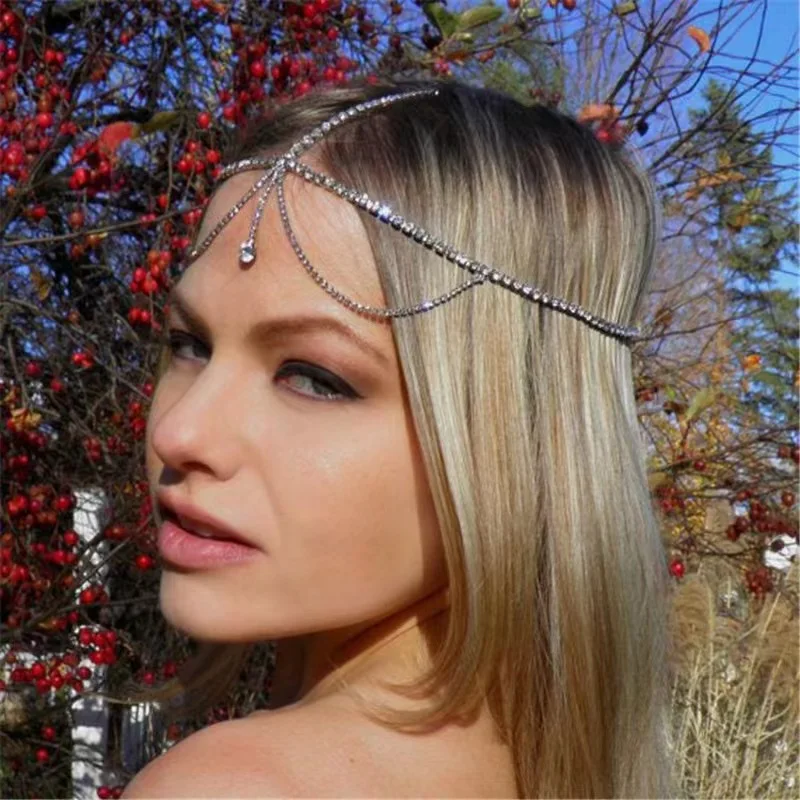 Europa und die Vereinigten Staaten: Einfache, modische Stirnkette mit Strass und Quasten für Bühnenauftritte – Damen-Accessoires