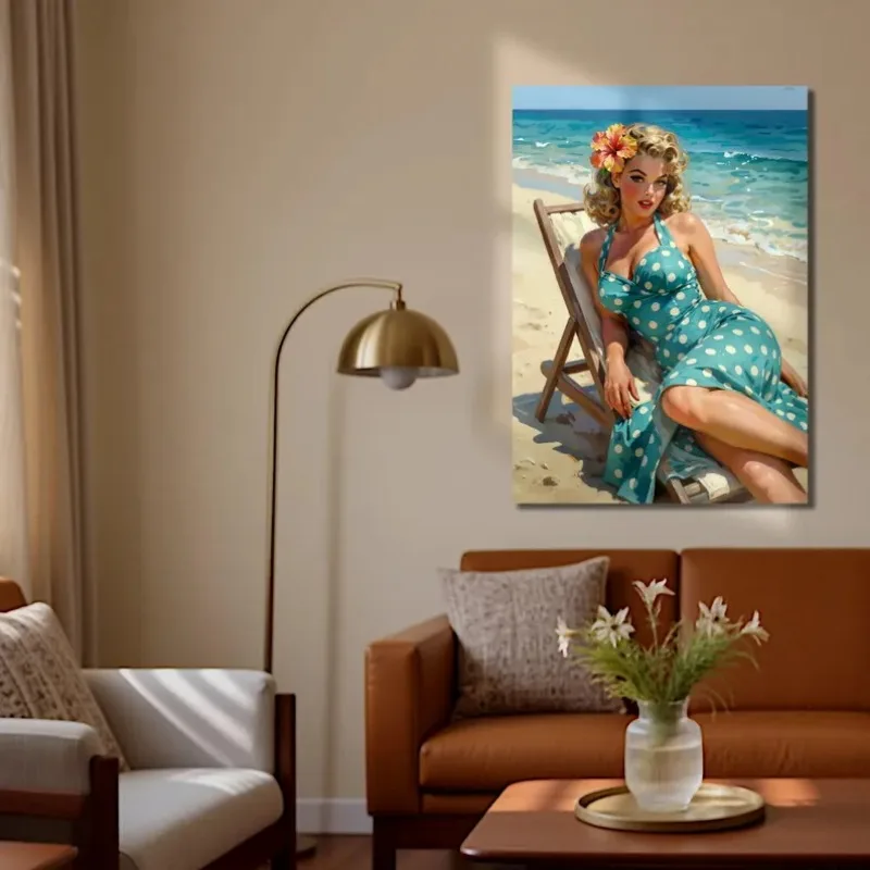 Nostalgic 1950s Style Blonde Pin Up Girl Poster Vintage Golden Hour Woman Swimsuit Canvas Painting Wall Art for Room Home Decor