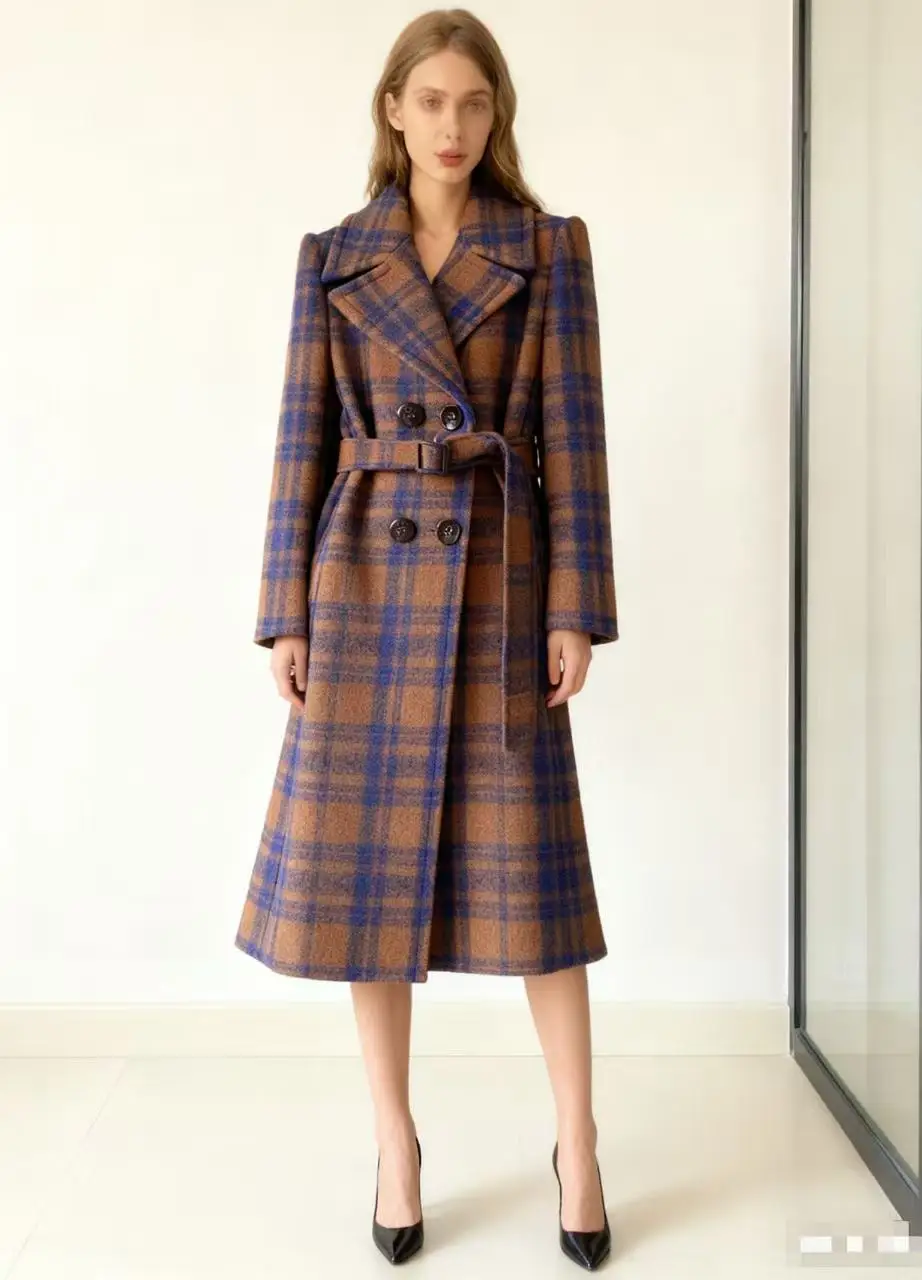 

Women's Plaid Wool Coat, 2025 Winter New Style, Retro Wool Blend Coat