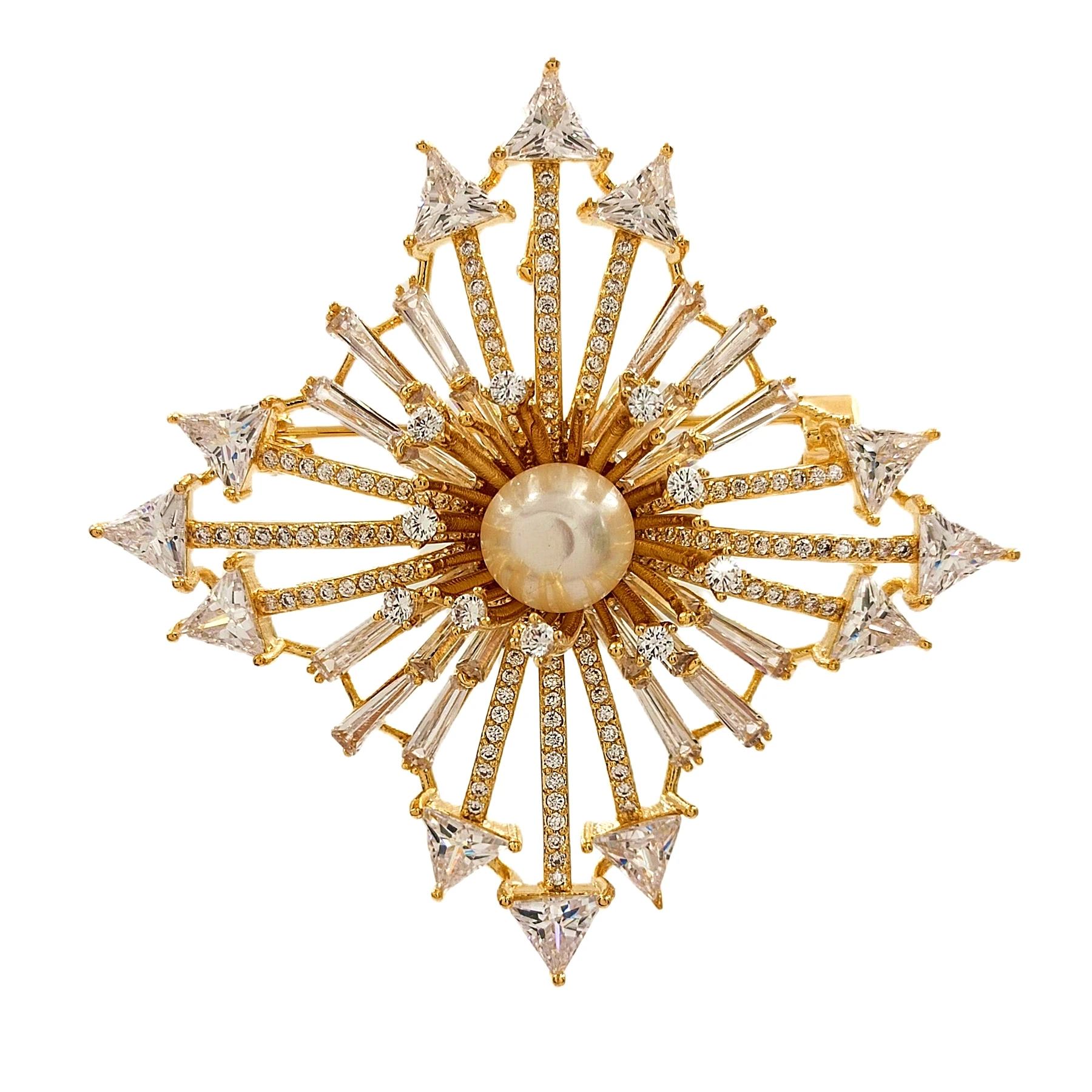 Splendid Gold Tone Pearl and Cubic Zircon Starburst Cross Brooch Pin Unisex Jewelry