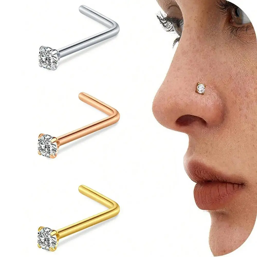 1 Pieza Piercing de Nariz en Forma de L de Acero Inoxidable Plateado, Dorado y Oro Rosa con Diamantes de Imitación CZ, Joyería de 1.5mm, 2mm, 2.5mm, 3mm