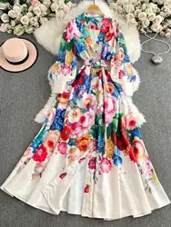 Elegant Cotton Linen Floral Maxi Dresses Shirt Women Summer Autumn Printed Palace Single Breasted Button Full Sleeve Midi Dress