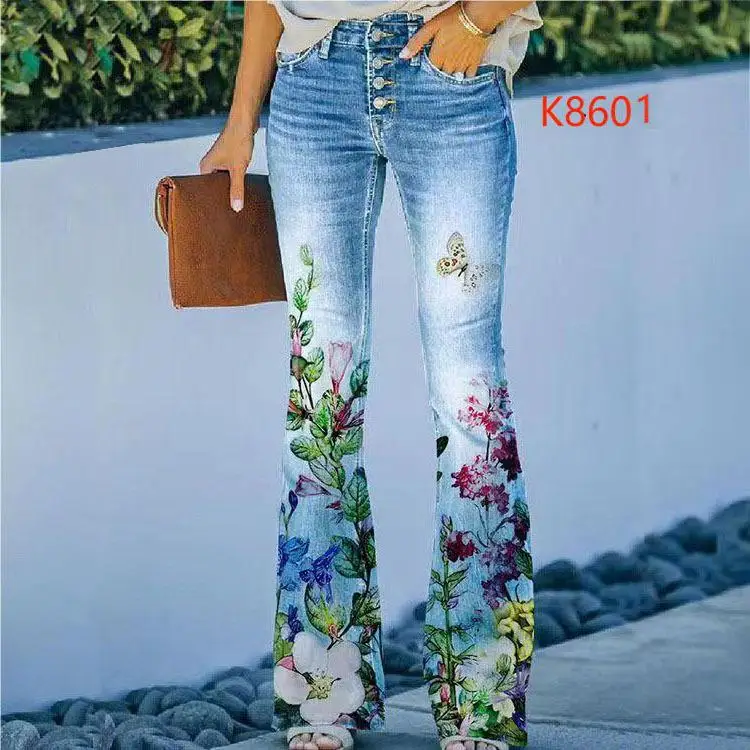 

Узкие джинсы-клеш из имитации денима с низкой посадкой, эластичные, с принтом, повседневные женские летние брюки