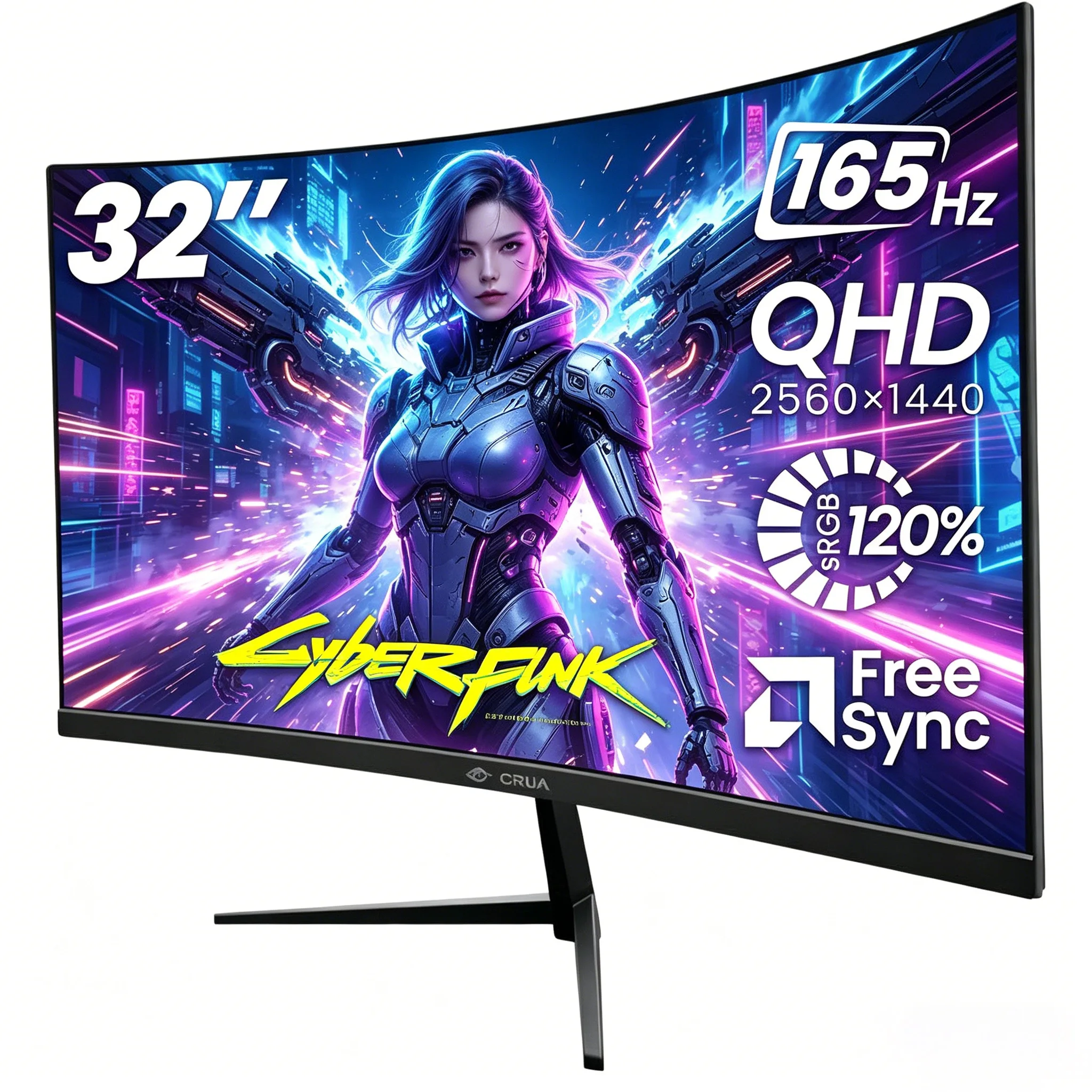 Monitor para Juegos CRUA de 32 Pulgadas, 165Hz, 2560*1440, FreeSync, Filtro de Luz Azul, Pantalla VA 1500R, Montaje en Pared