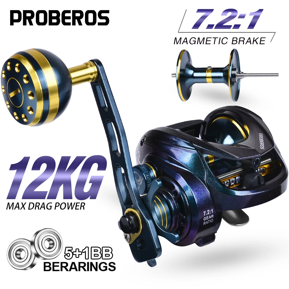 Proberos Baitcasting-Rolle – Metall-Hauptachse und -Knauf, 17,6 LB maximale Bremskraft, 5+1BB, 7,2:1 Übersetzungsverhältnis, glatt und langlebig