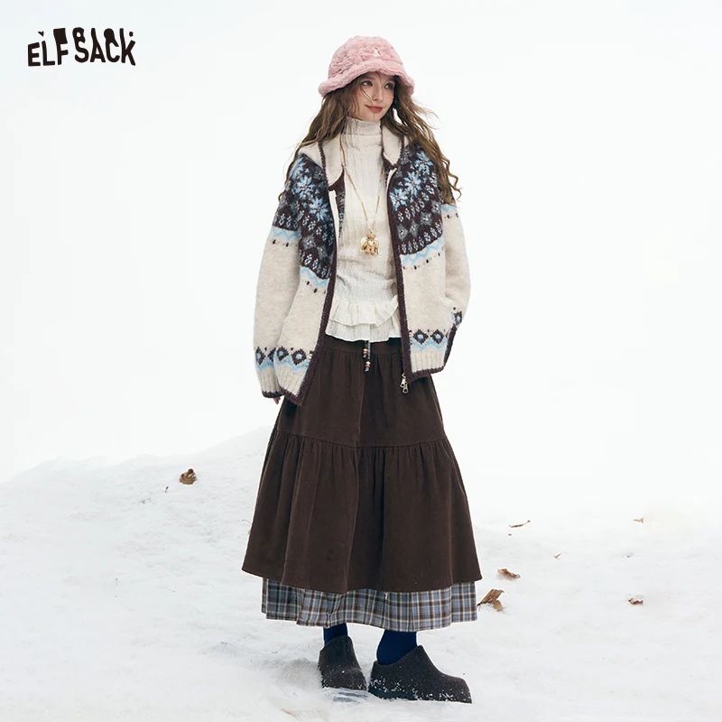

ELFSACK 2025 Winter New Arrivals Y2K Vintage Design Double Layer Stripe Hem Long Half Skirt For Women